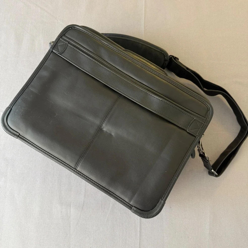 Dell Black Leather Laptop Messenger Bag Briefcase‎ Retractable handles